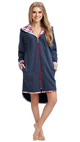 LEVERIE modischer Damen-Bademantel/Morgenmantel/Saunamantel mit praktischem Reißverschluss und gemütlicher Kapuze, dunkelblau, Gr. XL