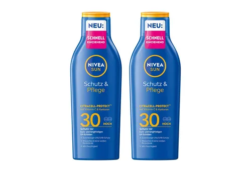 Nivea Sun Sonnenschutzmilch SUN Schutz & Pflege Milch LSF 30 wasserfest 48h Feuchtigkeit 2 x 200ml, 2-tlg.
