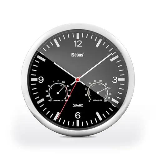 Mebus Quarz-Wanduhr mit Thermometer und Hygrometer/silberner Rahmen/schwarzes Zifferblatt / 25cm Durchmesser/Rund/Modell: 56731 / Farbe: Silber, Schwarz