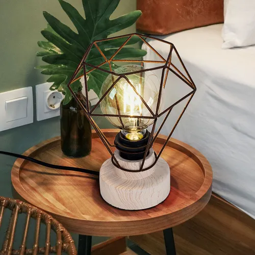 Produktbild Holz Tisch Lampe Eiche Optik Ess Zimmer Vintage Gitter Beistell Leuchte rost
