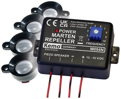Kemo M094 Ultraschall-Marderabwehr mit Optikschutz - Effektive Ultraschall-Marderabwehr mit 4 abgesetzten Lautsprechern für optimale Schallverteilung. Schützen Sie Ihr Fahrzeug zuverlässig vor ungewollten Nagetieren.