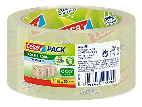 Tesa &Eco Strong Klebeband 6er Pack Transparent - Nachhaltiges Packband aus 100% recyceltem PP, ideal zum sicheren Verschließen von Paketen und Verpackungen.