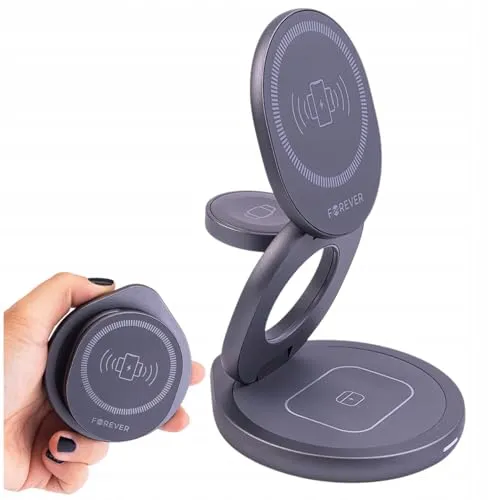 Forever Magnetische Induktive Ladestation 3in1 Grau - Ständer mit Kabelloses Ladegerät 15W - Handy Ladegeräte mit 360° Drehbarkeit - Handy Schnellladegerät Wireless Charger Station für iPhone