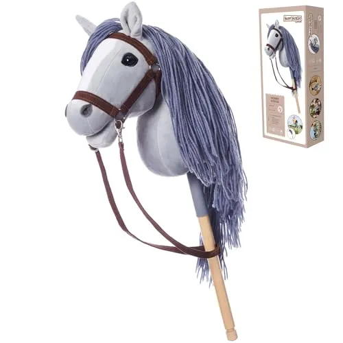 HOPPIHORSE Steckenpferd mit Trense - A3 - Hobby Horse mit Zügeln, Schultergurt, Schweif - hochwertiges Plüsch mit Langer Mähne - Silikongriff für besseren Halt - mit Geschenkverpackung