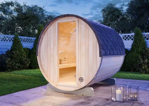 FinnTherm Fasssauna Mini S - Kompakte Sauna für 4 Personen - Fasssauna in Premium-Thermoholz, 42 mm Wandstärke, ideal für bis zu 4 Personen. Langlebig und platzsparend, perfekt für Garten oder Terrasse.