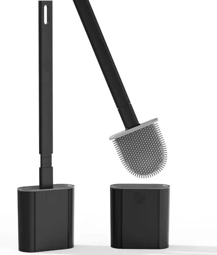 Canvint Klobürste Silikon – Flexible WC Bürste mit Flachem und Gebogenem Bürstenkopf für Wandmontage oder Stehend, für Bad und WC, Belüftet für Schnelles Trocknen – 2-Teiliges Set Schwarz