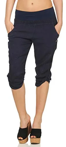 Malito Damen Hose aus Leinen | Stoffhose in Uni Farben | Freizeithose mit Knöpfen | Chino - Capri - Strandhose 7988 (dunkelblau, L)