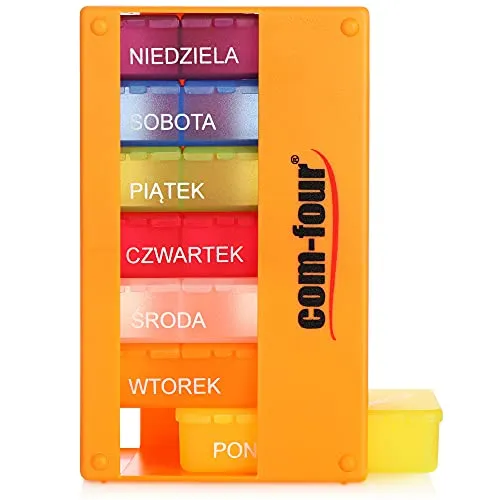 COM-FOUR® Medikamentendosierer auf POLNISCH - Medikamenten-Box für 7 Tage - 3 Fächer - Pillendose - Pillenbox - Tablettenbox - Wochendosierer zur Aufbewahrung [POLNISCH] (Orange)