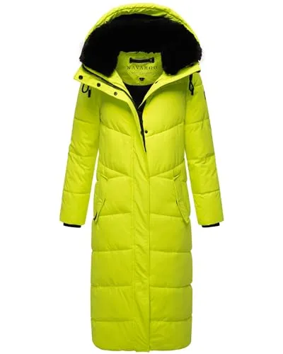 Navahoo Damen Wintermantel - Warmer, extralanger Steppmantel mit abnehmbarer Kapuze, stylisch in Neon Green und ideal für kalte Wintertage