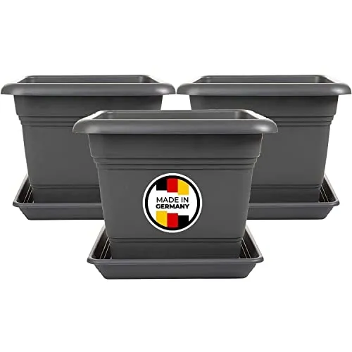 2friends 3er Set Pflanzkübel groß außen, Blumentopf Gross mit Untersetzer 40x40 cm, Pflanztöpfe Blumenkübel Blumentöpfe Pflanztopf Pflanzentopf, Made in Germany, Model: Kay, Farbe: Anthrazit