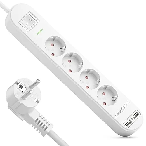 deleyCON 3,0m 4 Fach Steckdosenleiste mit USB Stromleiste 4X Schutzkontaktbuchsen 2X USB-A Ladebuchse für z.B. Handy & Tablet Überspannungsschutz EIN/AUS Schalter Weiß