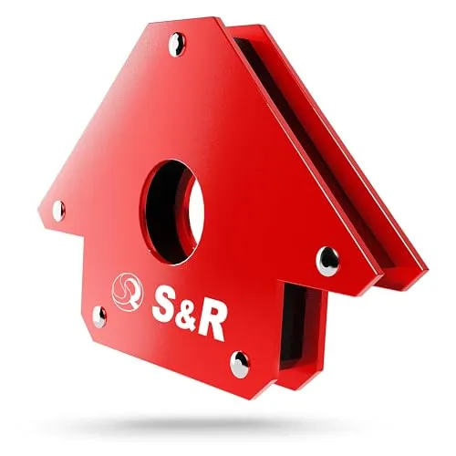 S&R Schweißmagnet 125 mm Montagewinkel in Pfeilform mit Winkeln 45°, 90°, 135°, Schweißhelfer mit hoher Haltekraft, Schweiß-Zubehör, Magnet zum Fixieren Rot