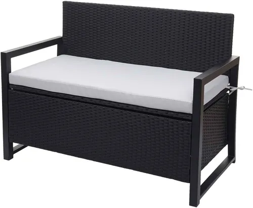 Poly-Rattan 2er Sitzbank HWC-F39 - Gartenbank mit integriertem Staufach, 150 Liter Fassungsvermögen und wasserabweisendem Bezug, ideal für Garten, Terrasse oder Balkon.