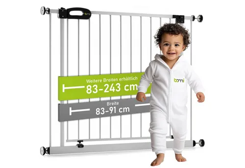 BOMI Baby Schutzgitter Merle | TÜV GS geprüft | 90° Öffnung | Automatisches Schließen | Breite: 83-91 cm - Sichern Sie Treppen und Durchgänge mit dem stabilen BOMI Baby Schutzgitter. TÜV GS geprüft, bietet es eine einfache Montage ohne Bohren und schließt automatisch für optimale Sicherheit.