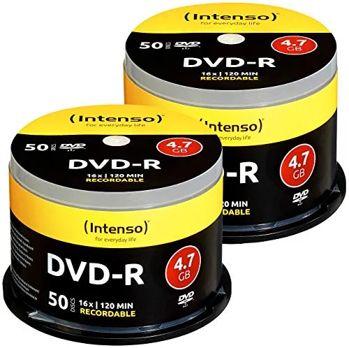 Intenso 2er-Set DVD(-) R 4.7GB 16x - 100 Rohlinge im Super-Sparpack - Rohlinge: 100 Stück in praktischer Spindel für platzsparende Aufbewahrung. Brenngeschwindigkeit bis 16x und 4,7 GB Kapazität – ideal für umfangreiche Projekte.
