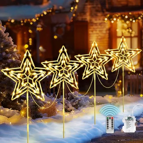 Vexyra Weihnachtsbeleuchtung Außen, 4 PCS LED Stern Outdoor Weihnachtsdeko Garten Wasserdicht mit 8 Modi und Timerfunktion, Außenbeleuchtung Weihnachten Warmweiß für Außenbereich Garten Wege Rasen