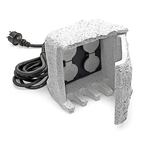 4-Fach Gartensteckdose Außensteckdose IP44 mit 5m Kabel - Steckdosen & Zubehör – Elegante Steinoptik für den Garten, wasserfestes Design und vier Steckdosen für gleichzeitige Nutzung mehrerer Geräte.