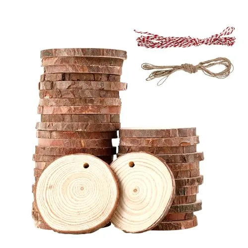 Stück Holzscheiben 5-6 cm,Rund Holzscheiben zum Basteln mit zwei Baumwollschnüren,Holzscheibe aus Holz mit Löchern,Baumscheiben Unvollendete,für Heimwerken,Basteln,Hochzeiten dekorationen (5-6CM) 40