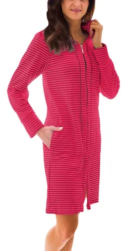 Aquarti Damenbademantel mit Reißverschluss in Rosa - Bequemer Damenbademantel mit Streifenmuster in Himbeerfarbe, ideal für entspannte Momente. Hergestellt aus 80% Baumwolle für ein angenehmes Tragegefühl. Größe L.