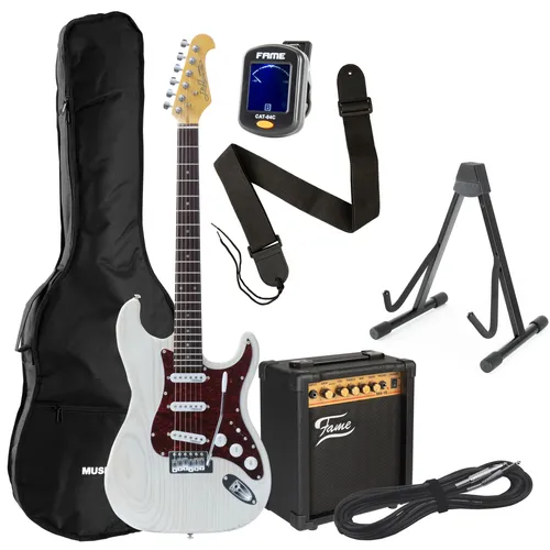 J & D ST Vintage Ash Satin White E-Gitarren Set für Anfänger - Umfangreiches E-Gitarren Set mit ST-Style Gitarre, leistungsstarkem 15W Verstärker und praktischem Zubehör. Ideal für Einsteiger, um das Spielen zu lernen und zu genießen.
