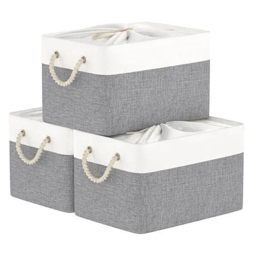 Yawinhe 3 Stück Faltbare Aufbewahrungsboxen, Korb, Truhe, Stoffwürfel, Kleiderorganisator, mit Kordelzug und 2 Griffen, 33 x 23 x 20 cm, Weiß/Grau, SNK003WGS
