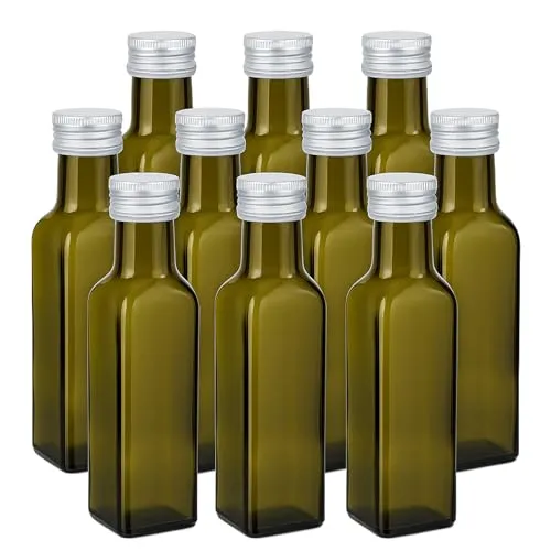 gouveo 10er Set Glasflasche 250 ml (0,25 l) Glasflasche 250 ml Maraska eckig dunkelgrün mit Schraubverschluss PP 31,5 silberfarben, leere Flaschen zum Befüllen für Likör Öl Essig Sirup (MFEA250S)