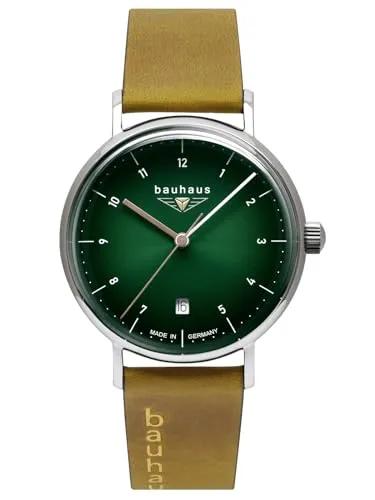Bauhaus Damenuhr Quarz 21414 - Elegantes Design - Damenuhr mit dunkelgrünem Ziffernblatt und weißen Indizes, 36mm, ausgestattet mit hochwertigem hellbraunem Glattlederarmband für stilvolle Akzente.