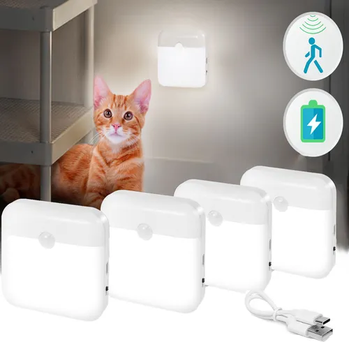 Wiederaufladbares Nachtlicht mit Bewegungsmelder, 4er Set - Nachtlichter mit Dämmerungssensor, ideal für Treppen und Schränke. Automatisches Ein- und Ausschalten für bis zu 180 Tage Nutzung nach einmaliger Aufladung.