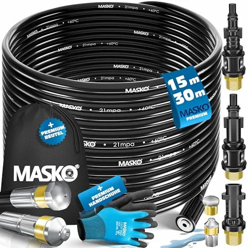 MASKO® Rohrreinigungsschlauch Set 15m für Hochdruckreiniger - Effektives Rohrreinigungsset für Hochdruckreiniger, 200 bar Druck, inklusive 3 Adapter und 2 Düsen. Ideal zur schnellen Behebung von Abflussverstopfungen und für DIY-Projekte.