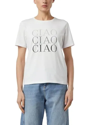 comma T-Shirt mit Druck und Glitzersteinen in Weiß (Größe 44 EU) - Stylisches T-Shirt mit schickem Druck und funkelnden Glitzersteinen. Ideal für lässige Outfits, pflegeleicht und elastisch für optimalen Tragekomfort.