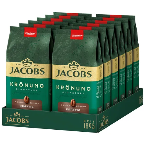 JACOBS Krönung Aroma-Bohne ganze Kaffeebohnen 12 x 500g - Kräftige Kaffeebohnen mit dunkler Röstung, ideal für vollmundigen Genuss. Perfekt für Kaffeeliebhaber, die Wert auf Qualität legen. Lieferung in praktischen 500g Packungen.