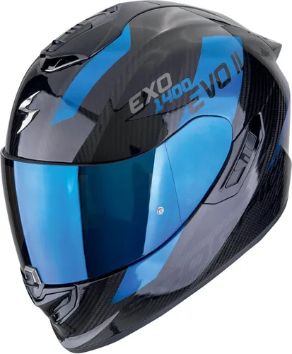 Scorpion EXO-1400 Evo II Carbon Air Platted Helm, schwarz-blau, Größe 2XL - Motorradhelm mit Not-Entriegelungs-System für schnelle Hilfe und ultra-leichtem Ultra TCT Carbon für optimale Sicherheit und Passform.