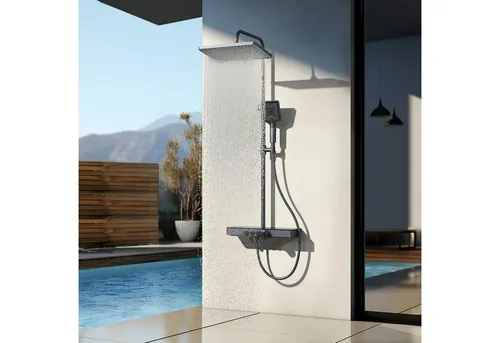 EMKE Duschsystem 36x24cm - Regenduschset mit Thermostat - Brausegarnituren mit 3 Strahlarten und Verbrühungsschutz für sicheres Duschen. Höhenverstellbar und stilvolles Design in Anthrazit Matt.