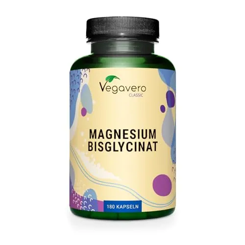 Vegavero Magnesium Bisglycinat | 180 Kapseln | Hoch bioverfügbar und vegan - Nahrungsergänzungsmittel mit hoch bioverfügbarem Magnesium in gut verträglicher Bisglycinat-Form für eine optimale Aufnahme und Unterstützung von Muskeln und Nerven.