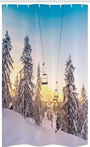 ABAKUHAUS Winter Schmaler Duschvorhang, Berge mit Skipisten, Badezimmer Deko Set aus Stoff mit Haken, 120 x 180 cm, Mehrfarbig