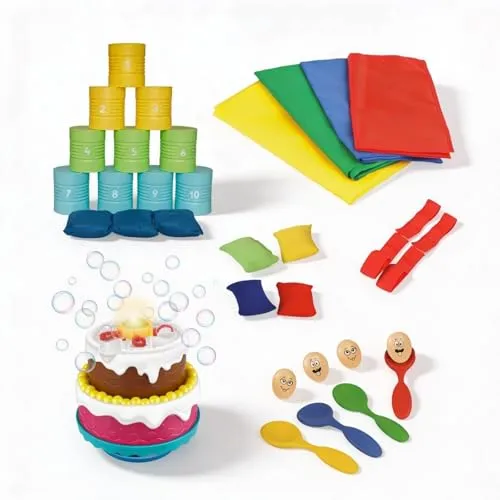 alldoro 68706 XXL Party Bundle – 34-tlg. Spieleset für unvergessliche Feiern - Erlebe das ultimative Partyvergnügen mit 5 aufregenden Spielen in einem Set! Ideal für drinnen und draußen, inklusive einer magischen Seifenblasenmaschine für strahlende Augen.