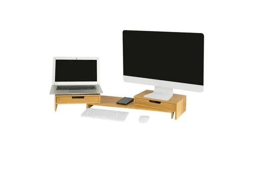 SoBuy BBF04 Monitor-Halterung - Monitor-Halterung aus natürlichem Bambus, bietet Platz für 2 Monitore und verbessert Ihre Ergonomie am Arbeitsplatz durch die schwenkbare Funktion.