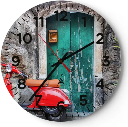 Wanduhr - Rund - Glasuhr - Scooter transport italien retro - 40x40cm - Schleichendes Uhrwerk - Lautlos - zum Aufhängen bereit - Dekoration Modern - Wanddekoration aus Glas - C4AR40x40-2571