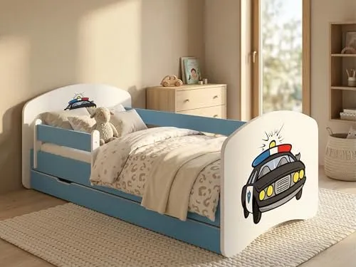 Juniorbett 144x82 cm Happy inkl. Bettkasten | Kinderbett mit Rausfallschutz in Blau