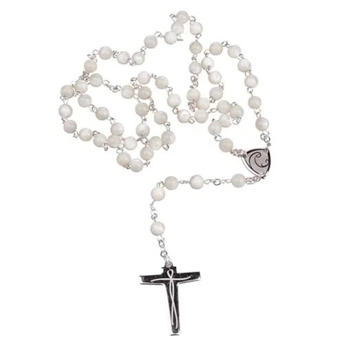 Fritz Cox Rosenkranz mit versilbertem Kreuz und Mittelstück | tolles Geschenk für jeden Christen | von Hand gekettet | 6mm Perle | ca.45cm lang (Perlmutt)