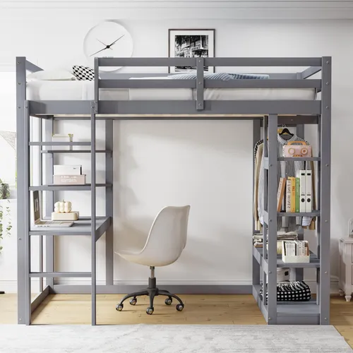 Merax Etagenbett Hochbett 140x200cm - Multifunktionales Etagenbett aus Massivholz mit integriertem Schreibtisch und Kleiderschrank – ideal für kleine Räume, die Platz und Funktionalität benötigen.