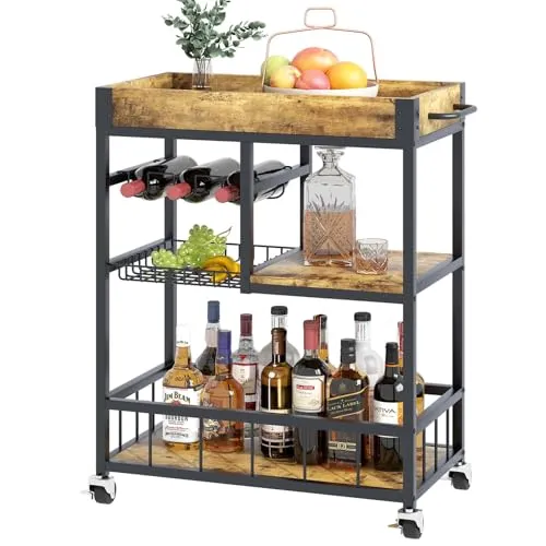 Huhote Servierwagen, Küchenwagen mit Weinregal, Barwagen, Getränkewagen, Rollwagen mit Rollen, Weinwagen für Esszimmer, Küche, Wohnzimmer, Bar, Party, Braun Holzmaserung