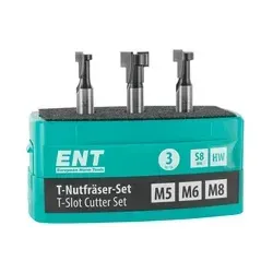 ENT 09003 3-tlg. HW T-Nutfräser-Set für M5, M6, M8 Schrauben - Einsätze zur Kantenbearbeitung & Aushöhlung – ideal zum fräsen von ausrissfreien T-Nutenprofilen für Sechskantschrauben. Hochwertige Klarsichtverpackung sorgt für Ordnung und schnellen Zugriff.