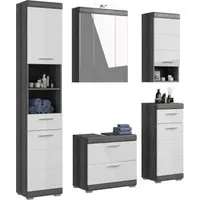 Badmöbel-Set SCHLOONSEE 5-teilig mit LED-Beleuchtung - Komplettes Badmöbel-Set in Weiß, inklusive Hochschrank, Spiegelschrank und mehr. Hochwertige MDF-Fronten und pflegeleicht. Maße: 164x34x191 cm.