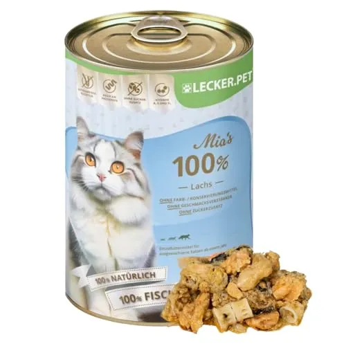 Lecker.Pet® Mia's 100 % Lachs Katzenfutter 12 x 400g - Katzenfutter, 100% Lachs für wertvolle Proteine und Omega-3-Fettsäuren, ideal für wählerische Katzen und sensiblen Magen.