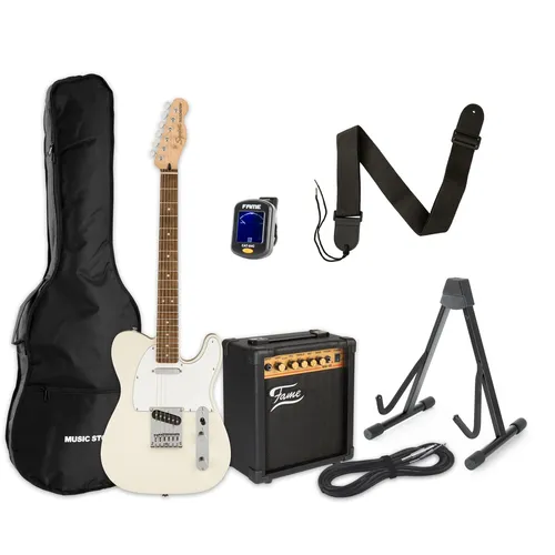 Squier Affinity Tele White + MA 15 E Gitarren Set für Anfänger - E-Gitarren Set für Einsteiger mit Telecaster und 15W Combo-Verstärker, ideal für den Start in die Musikwelt. Enthält alles, was du brauchst: Gitarre, Verstärker und Zubehör.