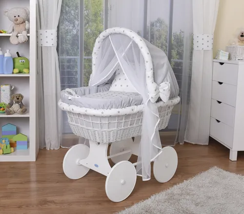 WALDIN Baby Bollerwagen - Stubenwagen mit Zubehör - Stubenwagen in Grau mit Sternen, komplett ausgestattet mit Himmel, Matratze und Kissenbezug – ideal für komfortable Ruhezeiten Ihres Babys.