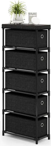 COSTWAY Kommode mit 5 Schubladen, Metallrahmen & Holzplatte, Aufbewahrungsturm Kleidung Organizer, Platzsparende Stoffkommode für Wohnzimmer, Schwarz