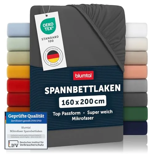 Blumtal® Spannbettlaken 160x200cm aus Microfaser - Oekotex zertifiziertes Bettlaken 160x200 - Spannbetttuch 160x200/Bettlaken 160x200 - Spannbettlaken - 160x200 cm Spannleintuch - Anthrazit