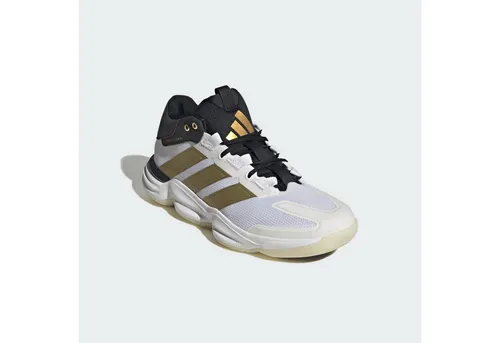 adidas Herren Courtstabil Indoor Performance Shoes – FTWR White/Gold met./core Black, 42 2/3 EU - Hochwertige Indoor-Sportschuhe mit regulärer Passform und schnürbarem Verschluss. Ideal für maximale Stabilität und Komfort während des Spiels.
